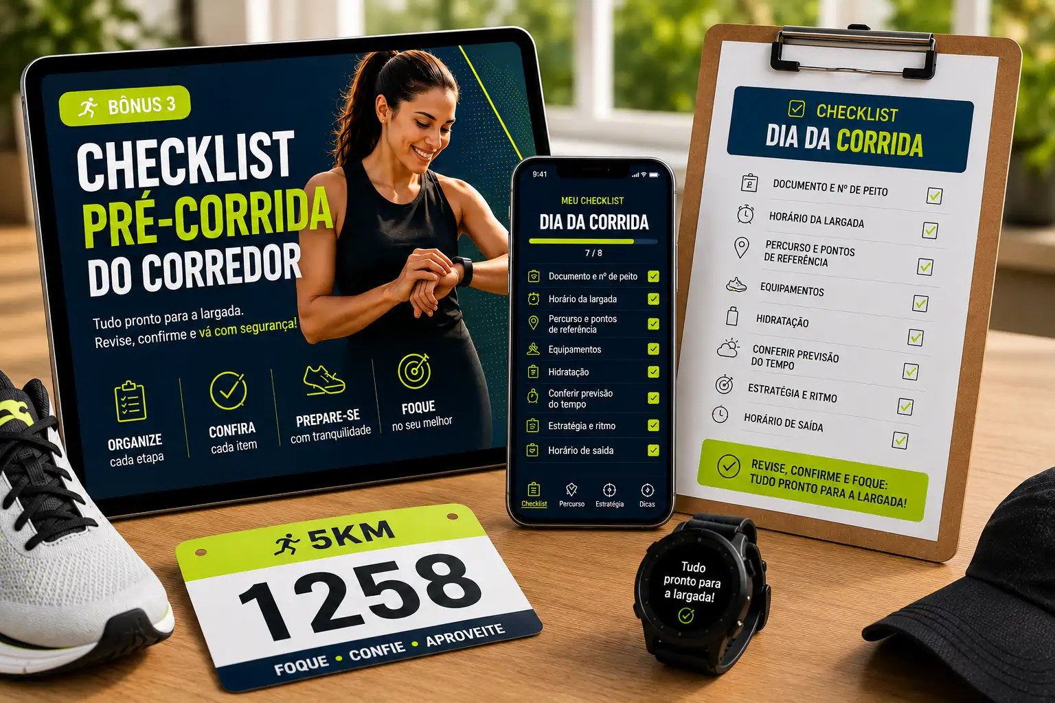 Mockup do bônus Checklist Pré-Corrida