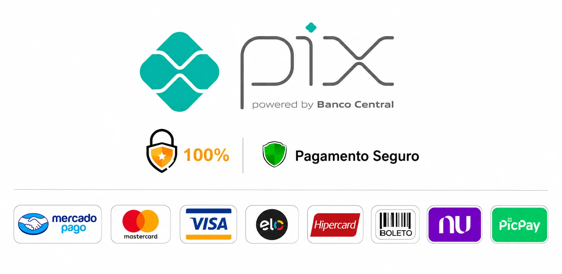 Formas de pagamento: Pix, Mercado Pago, Mastercard, Visa, Elo, Hipercard, Boleto, Nubank, PicPay