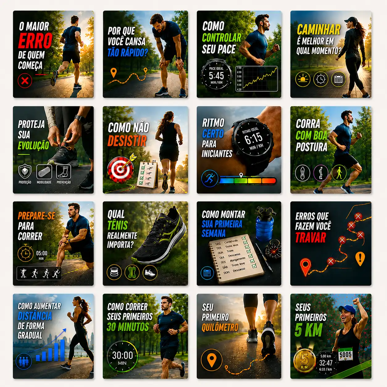 Mosaico visual com as etapas do plano: erro de quem começa, ritmo, técnica, caminhada, constância, postura e primeiros 5 km