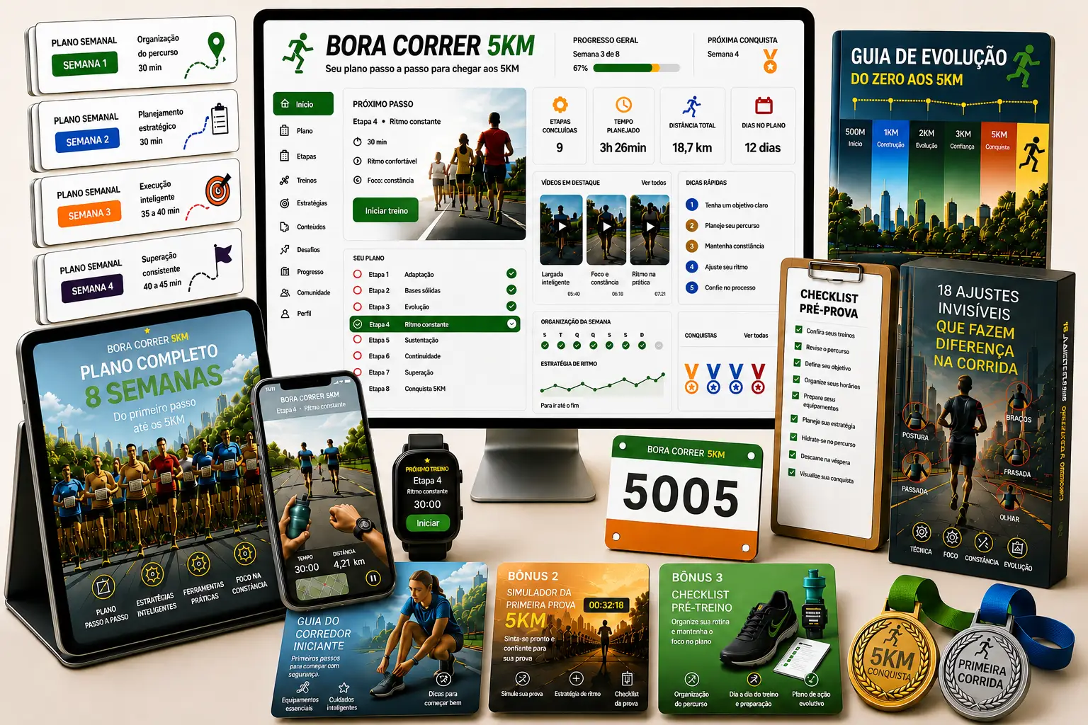 Mockup do produto completo Bora Correr 5km com bônus e dispositivos